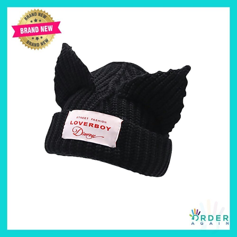 Knit Wool Cat Ear Beanie Slouchy Crochet Hat Y2K Cute Warm